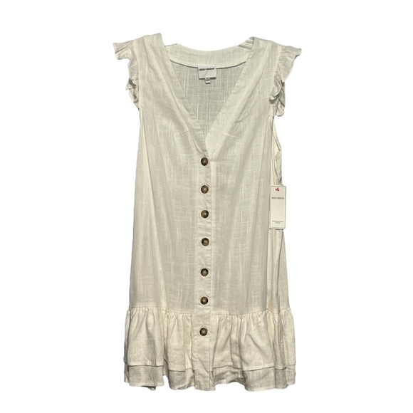 Skylar + Madison Button Dress Ivory Ruffle Trim Tiered V-Neck Mini Rayon Linen L - Picture 1 of 6